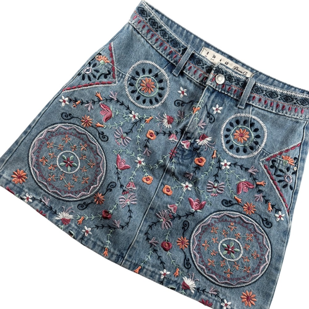 VTG Denim Co Embroidered Mini Skirt Womens 4 Floral Boho Mandala Festival Y2K‎